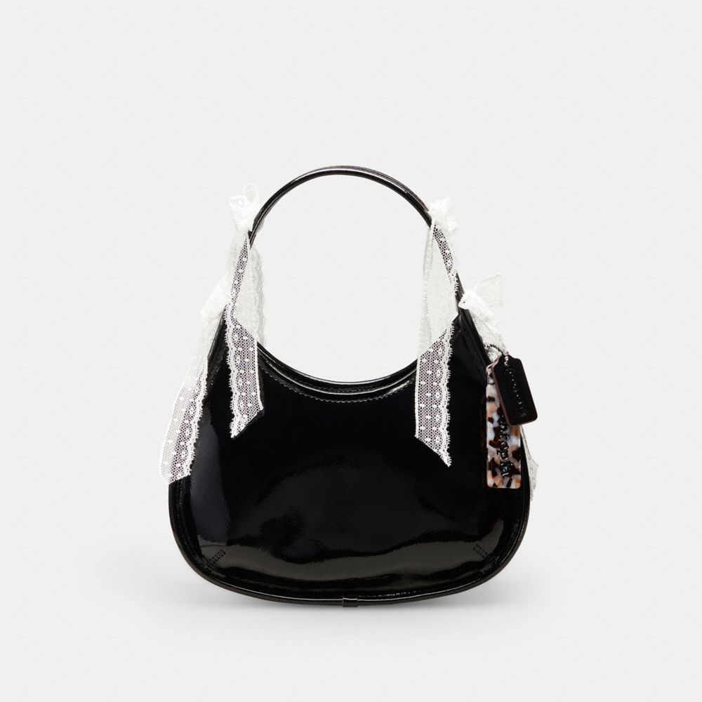 COACH®,Ergo Bag in Crinkle Patent Coachtopia Leather: Lace Bows,Small,Black/White.,Front View