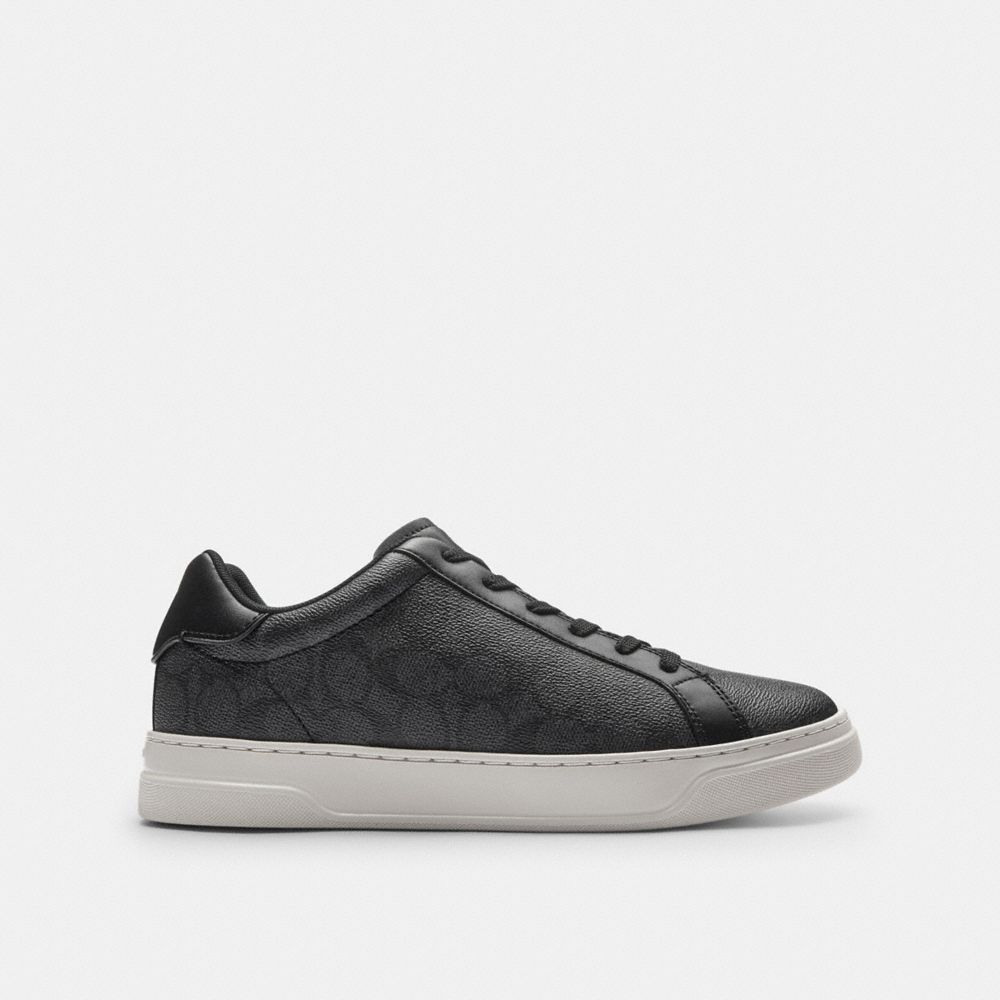 COACH®,High Line Sneaker In Signature Canvas,Leather,Casual,High Top,Fabric,Logo,Cushioned,Casual,Black,Angle View
