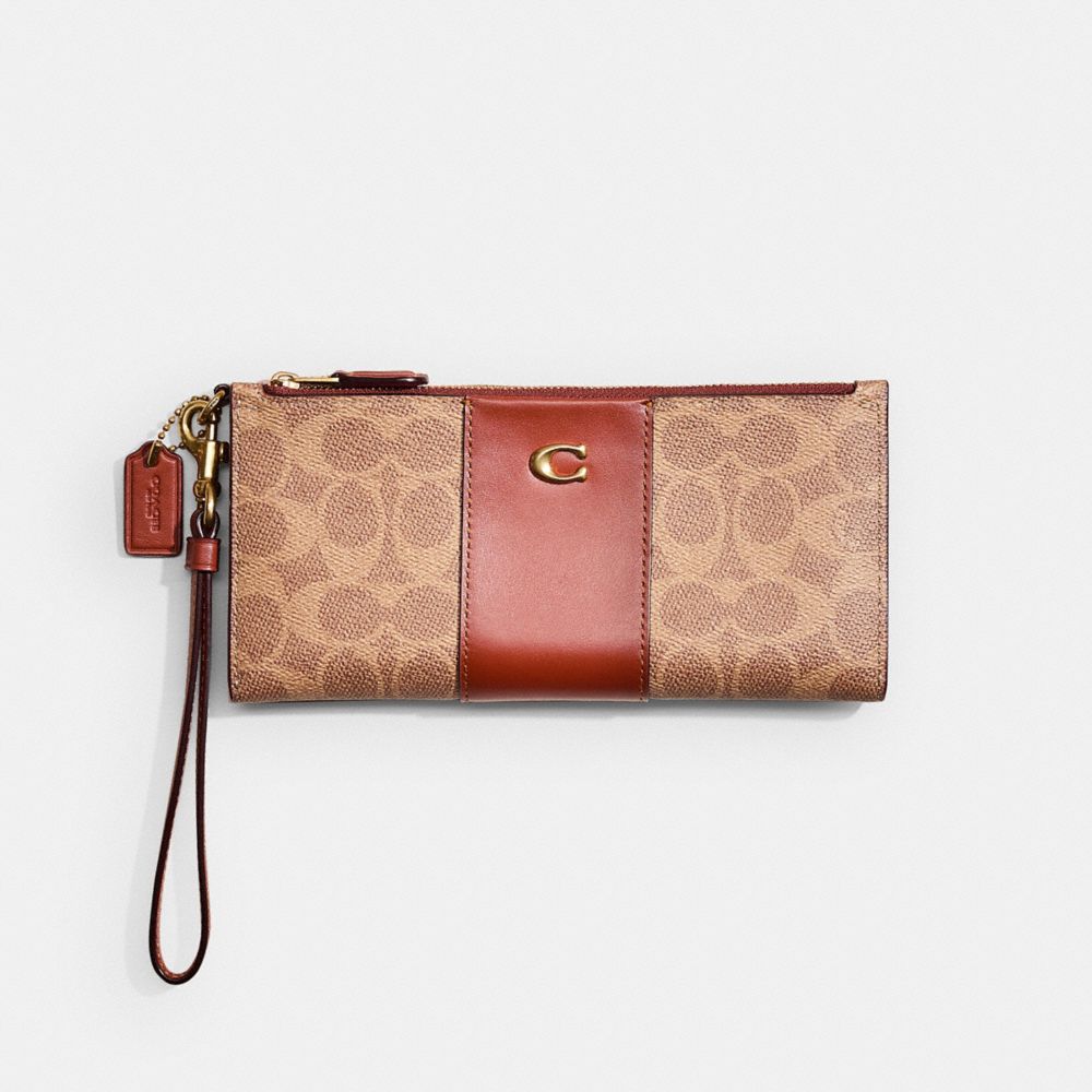 COACH®,RESTORED DOUBLE ZIP WALLET IN SIGNATURE CANVAS,Brass/Tan/Rust,Front View