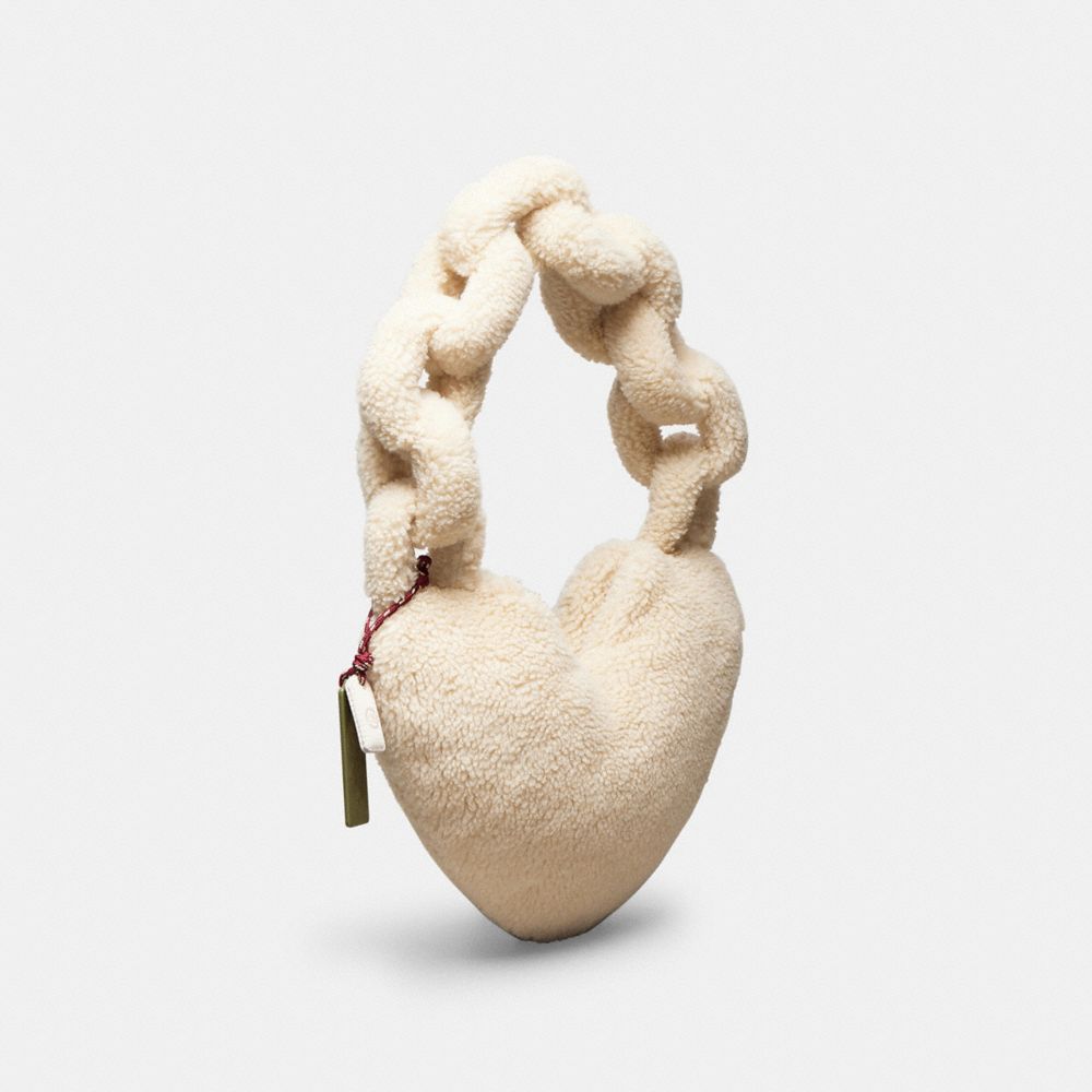 COACH®,Coachtopia Fuzzy Heart Bag,Recycled Polyester,Shoulder Bag,3D Embellishment,Chain Detail,Logo,Bow,Sustainable,Day P...,Cream,Angle View