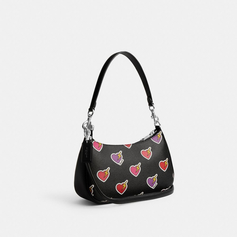COACH®,Teri Shoulder Bag With Heart Bolt Print,Leather,Canvas,Shoulder Bag,Logo,Metal,Casual,Black,Angle View