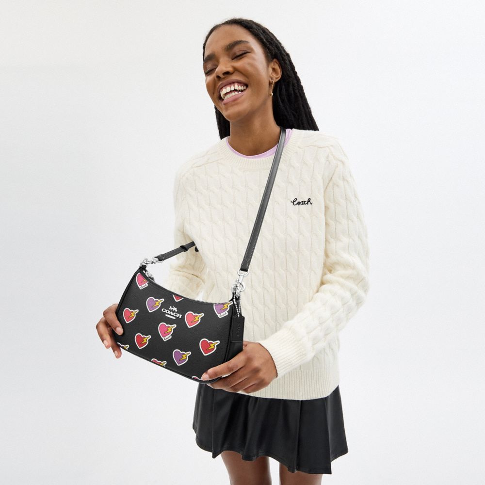 COACH®,Teri Shoulder Bag With Heart Bolt Print,Leather,Canvas,Shoulder Bag,Logo,Metal,Casual,Black,Detail View