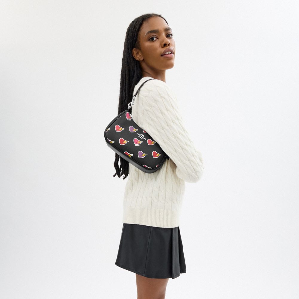 COACH®,Teri Shoulder Bag With Heart Bolt Print,Leather,Canvas,Shoulder Bag,Logo,Metal,Casual,Black,Detail View