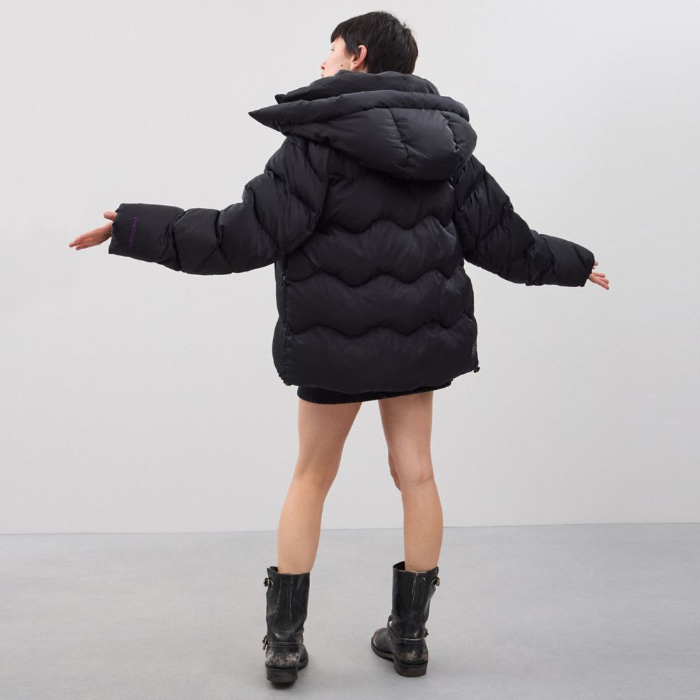 COACH®,Coachtopia Loop Puffer Jacket,Recycled Polyester,Puffer,Down,Quilted,Logo,Drawstring,Applique,Eco-Friendly,Casual,Black,Scale View