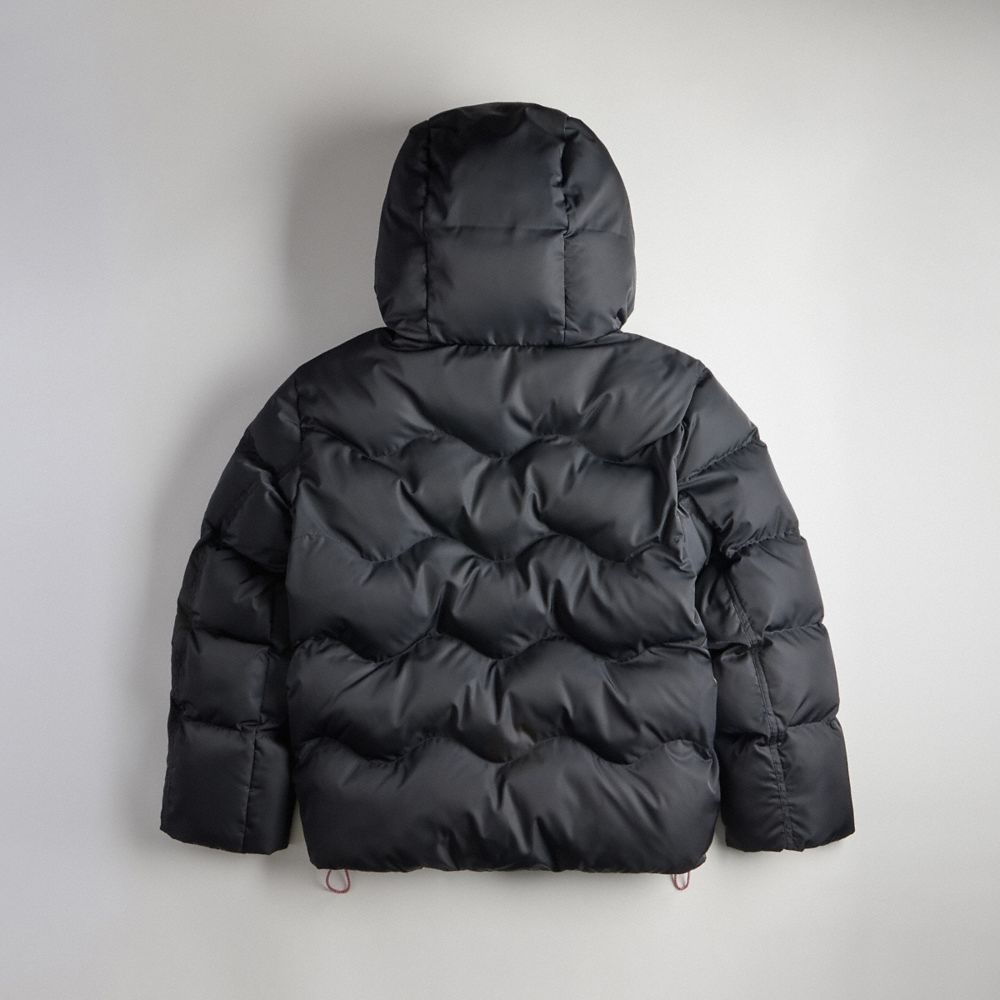 COACH®,Coachtopia Loop Puffer Jacket,Recycled Polyester,Puffer,Quilted,Down,Drawstring,Applique,Logo,Eco-Friendly,Casual,Black,Back View