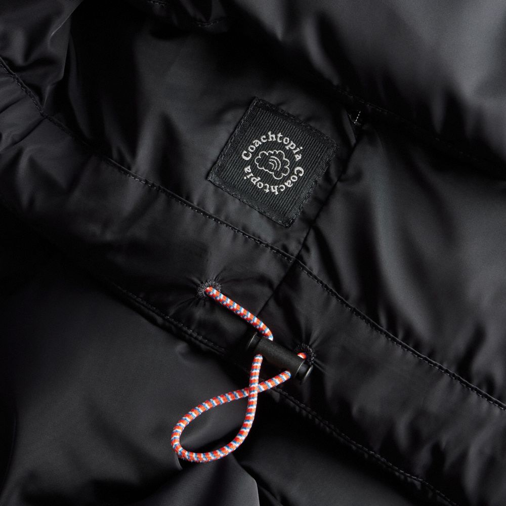 COACH®,Coachtopia Loop Puffer Jacket,Recycled Polyester,Puffer,Down,Quilted,Logo,Drawstring,Applique,Eco-Friendly,Casual,Black