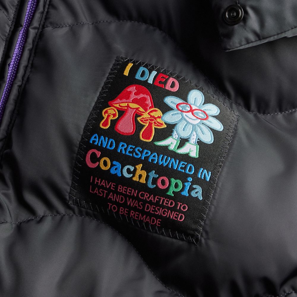 COACH®,Coachtopia Loop Puffer Jacket,Recycled Polyester,Puffer,Quilted,Down,Drawstring,Applique,Logo,Eco-Friendly,Casual,Black,Closer View