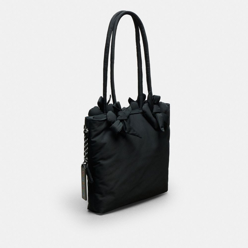 COACH®,Coachtopia Loop Small Tote With Heart Appliqué,Recycled Polyester,Tote,3D Embellishment,Bow,Applique,Logo,Sustainab...,Black,Angle View