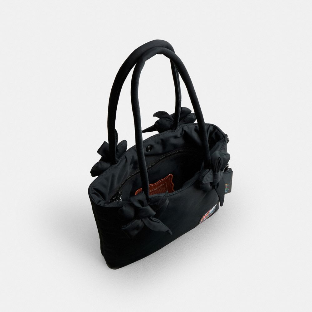COACH®,Coachtopia Loop Small Tote With Heart Appliqué,Recycled Polyester,Tote,3D Embellishment,Bow,Applique,Logo,Sustainab...,Black,Inside View,Top View
