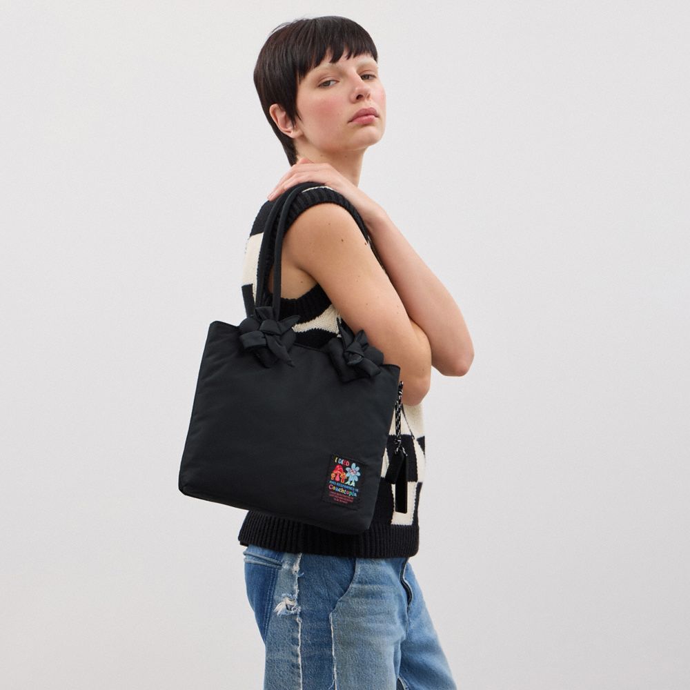 COACH®,Coachtopia Loop Small Tote With Heart Appliqué,Recycled Polyester,Tote,3D Embellishment,Bow,Applique,Logo,Sustainab...,Black,Detail View