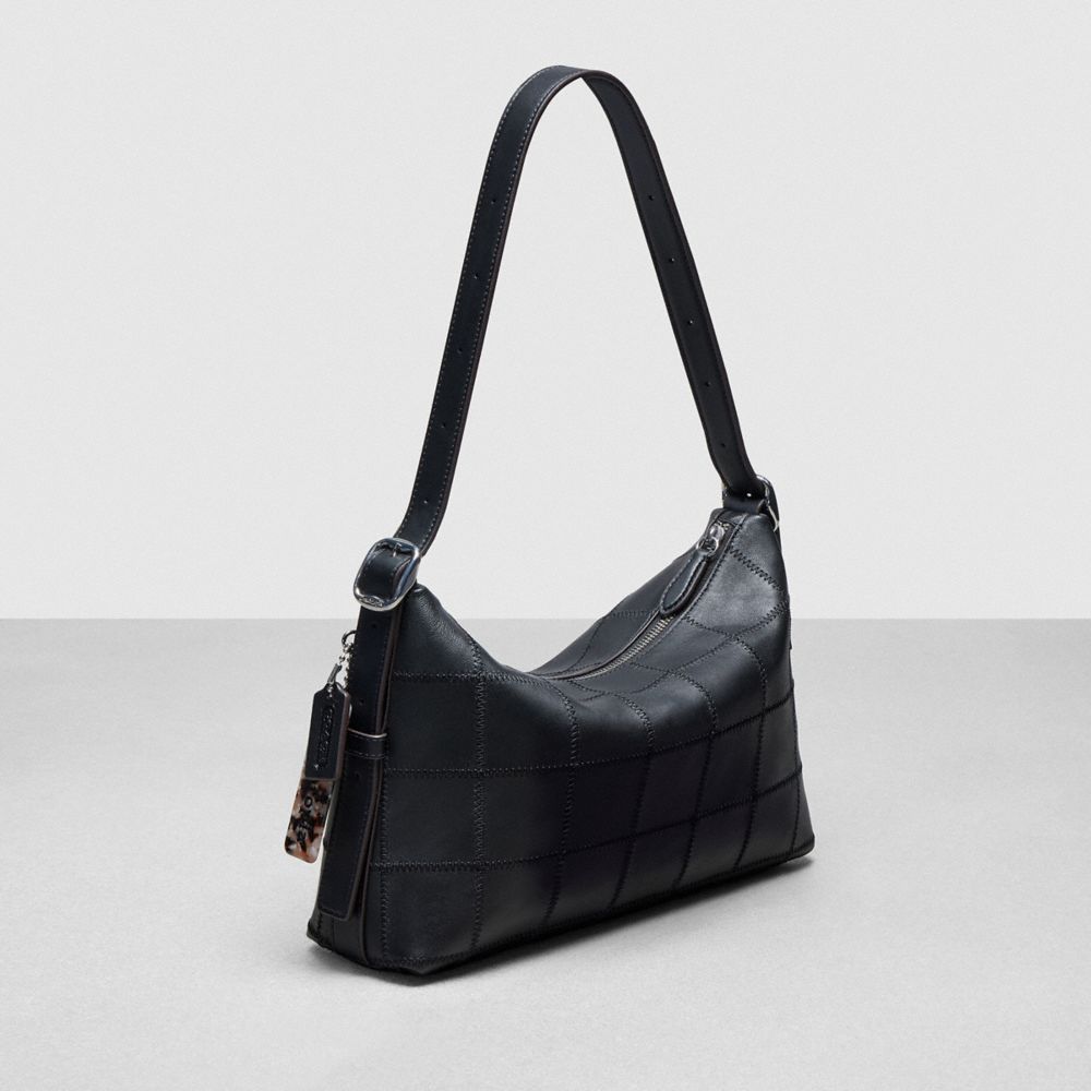 COACH®,Alter/Ego Slouchy Shoulder Bag In Checkerboard Upcrafted Leather,Recycled Polyester,Leather,Hobo,Logo,Word Embellis...,Black,Angle View