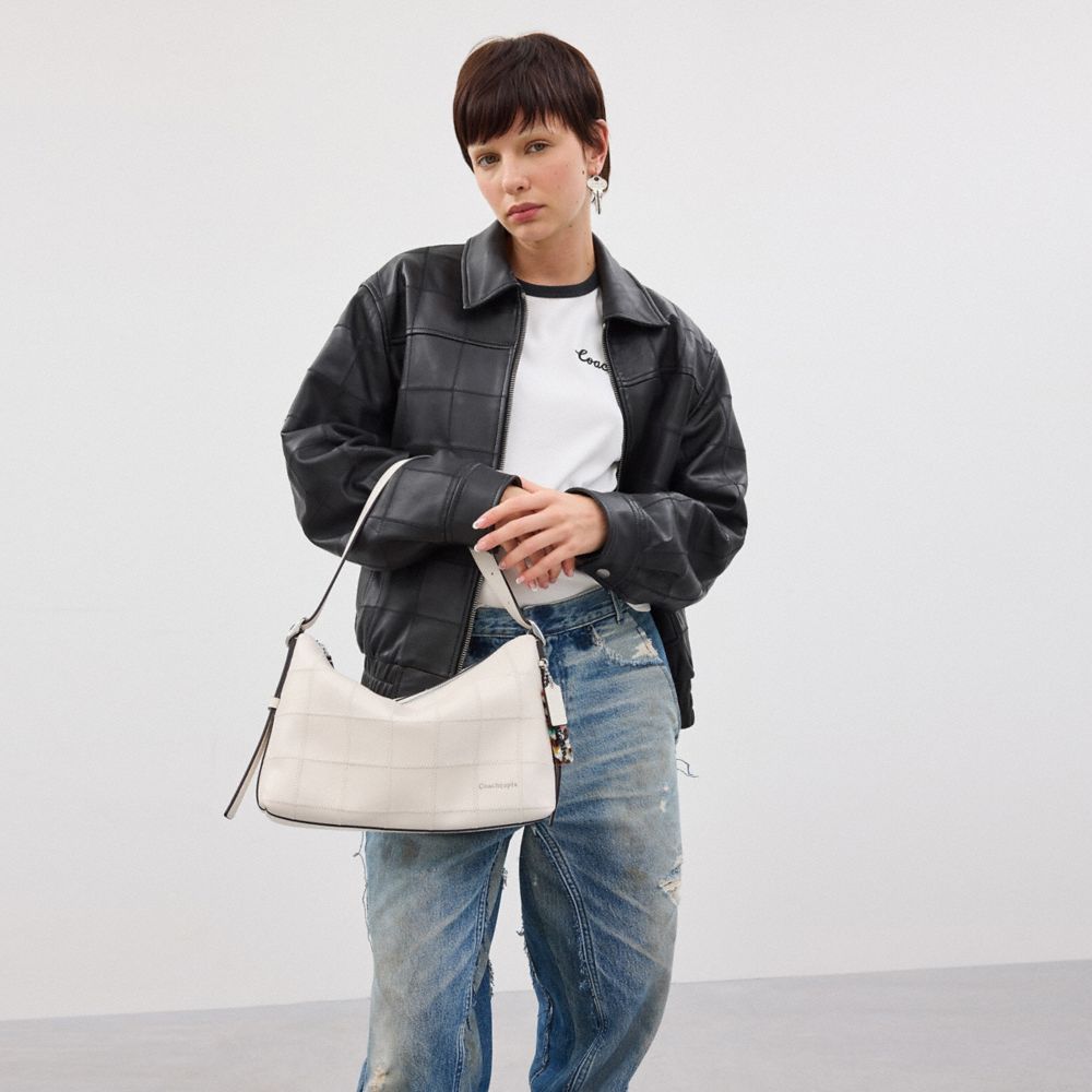 COACH®,Alter/Ego Shoulder Bag In Checkerboard Upcrafted Leather,Leather,Recycled Polyester,Hobo,Logo,Word Embellishment,St...,White,Detail View