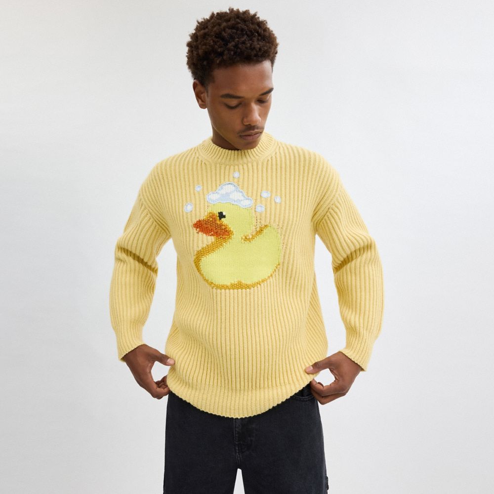 COACH®,Crewneck Duck Sweater In Recycled Wool,Pullover,Sweater,Applique,Embroidered,Ribbed,Sustainable,Casual,Yellow,Scale View
