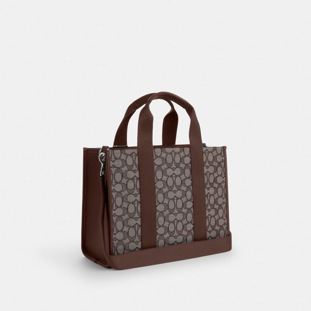 COACH®,Smith Tote Bag In Signature Jacquard,Cotton,Polyester,Tote,Faux Leather,Piping,Stripe,Pen Holder,Casual,Brown,Angle View