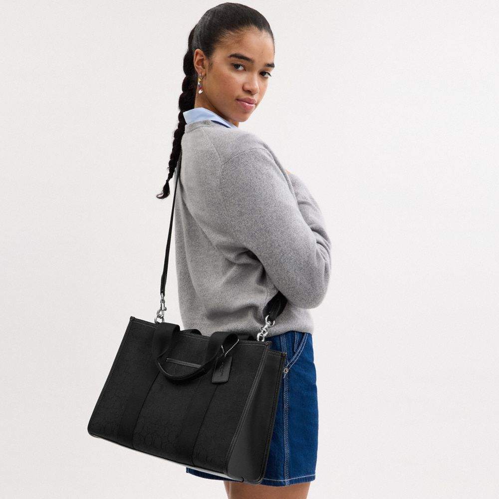 COACH®,Smith Tote Bag In Signature Jacquard,Cotton Blend,Cotton,Tote,Pen Holder,Expandable,Work,Casual,Black,Detail View