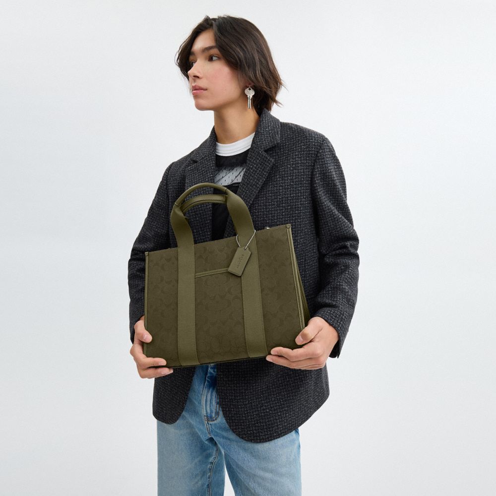COACH®,Smith Tote Bag In Signature Jacquard,Cotton,Cotton Blend,Tote,Expandable,Pen Holder,Work,Casual,Olive,Detail View