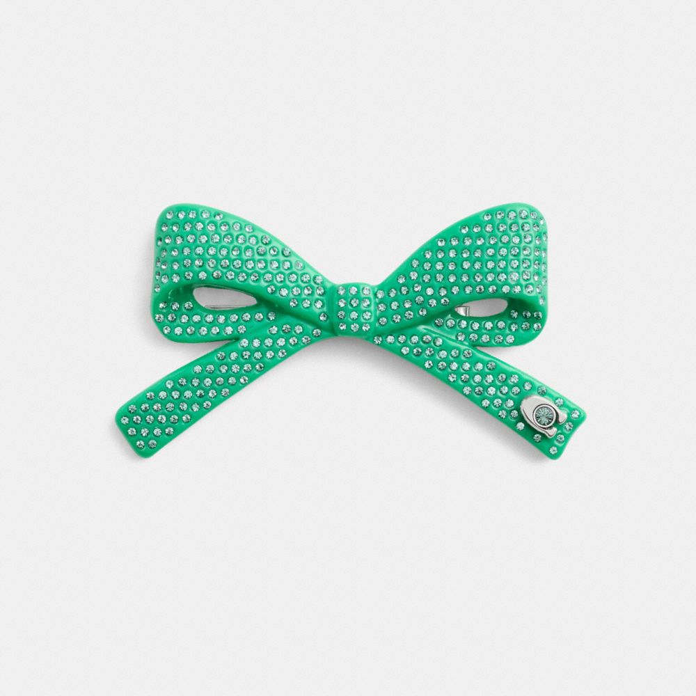 COACH®,Pavé Bow Barrette,Barrette,Resin,Glass,Crystal,Embellished,Metal,Logo,Bow,Rhinestones,Steel,Brass Gold,Casual,Metallic,Green,Front View image number 0