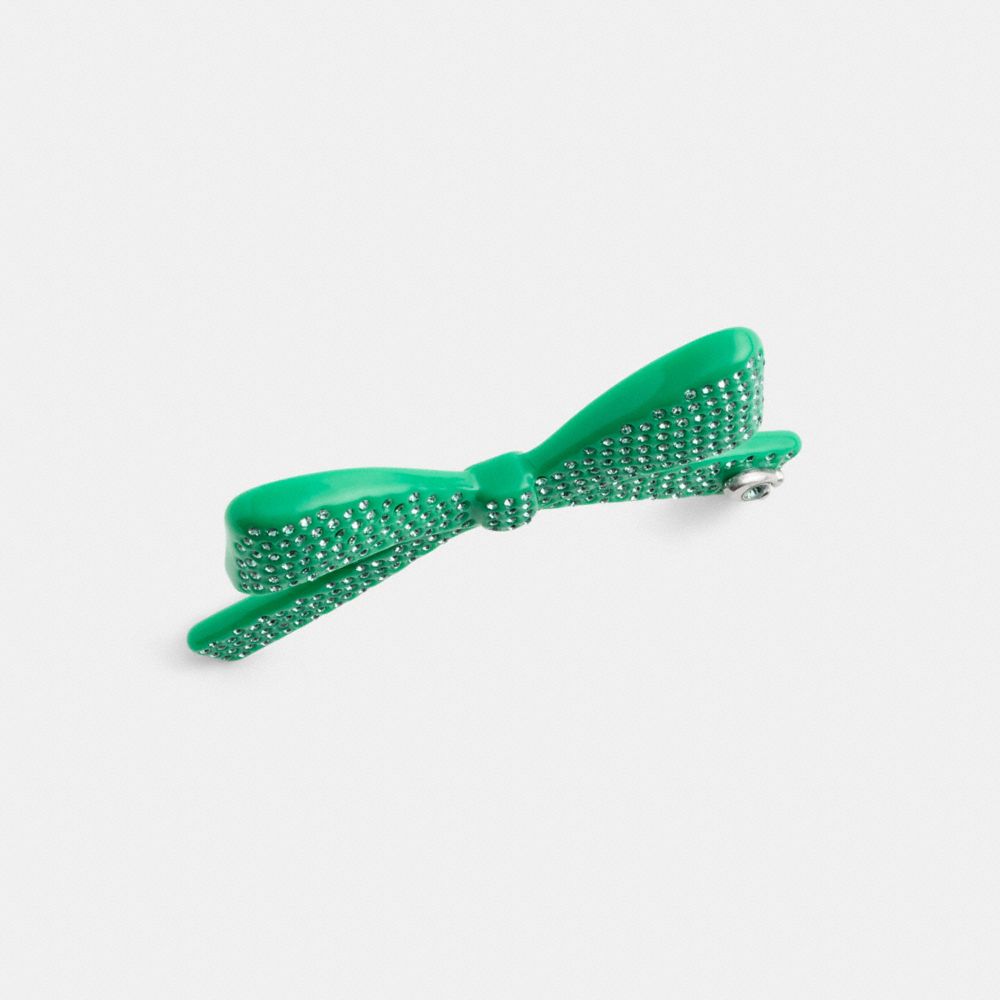 COACH®,Pavé Bow Barrette,Barrette,Resin,Glass,Crystal,Embellished,Metal,Logo,Bow,Rhinestones,Steel,Brass Gold,Casual,Green,Inside View,Top View