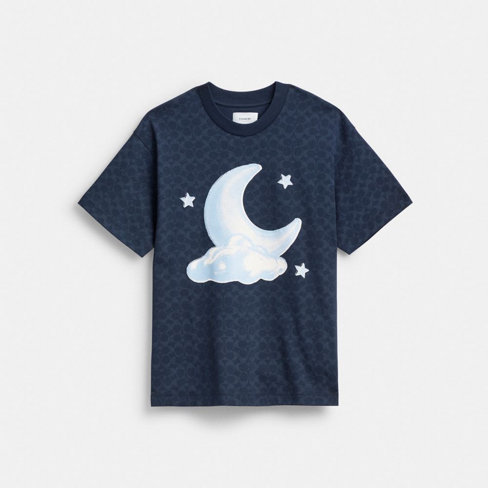 COACH®,Signature Moon Relaxed T Shirt In Organic Cotton,Cotton,T Shirt,Casual,Navy,Front View