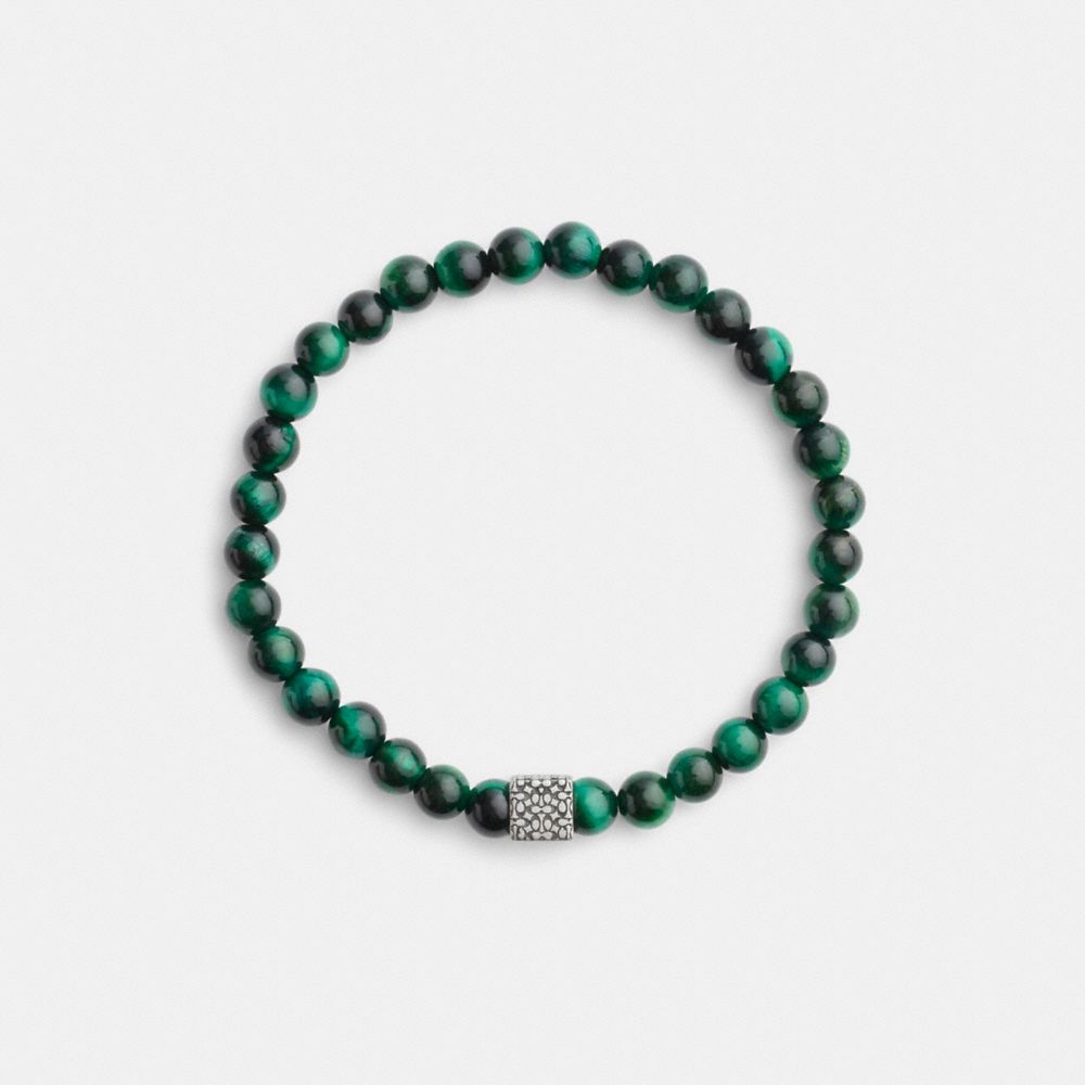 COACH®,Beaded Stretch Bracelet,Tiger Eye,Bead Embellishment,Metal,Logo,Sterling Silver,Casual,Multi Color,Inside View,Top View