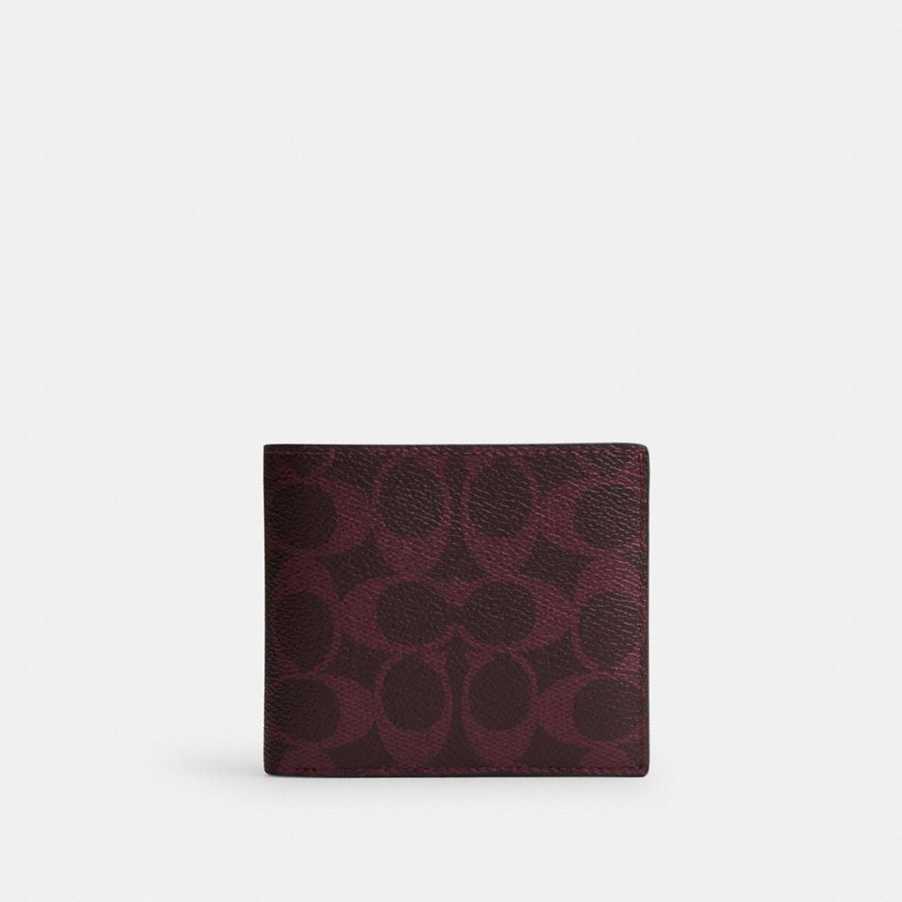 COACH®,Id Billfold Wallet In Signature Canvas,Canvas,Bi Fold,Casual, Father's Day,Maroon,Front View