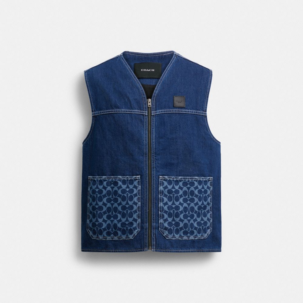 COACH®,Denim Work Vest,Blue,Front View image number 0