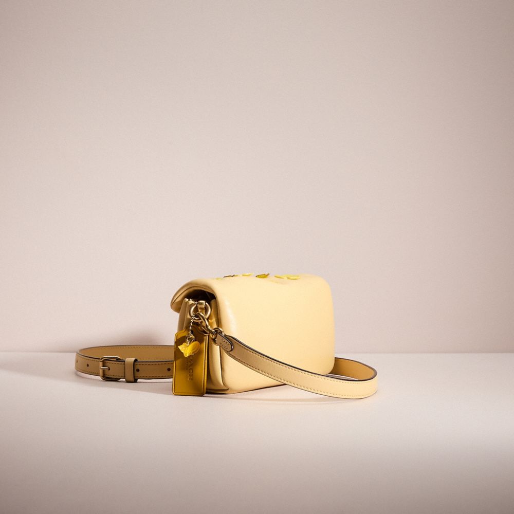 COACH®,Upcrafted Pillow Tabby Shoulder Bag 18,Leather,Rubber,Shoulder Bag,Applique,Studded,Logo,Metal,Day Party,Yellow,Angle View