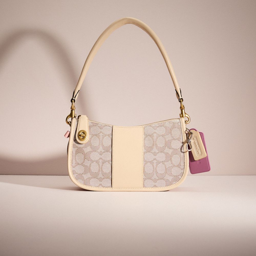 COACH®,UPCRAFTED SWINGER BAG IN SIGNATURE JACQUARD,Sweet Nostalgia,Brass/Stone Ivory,Front View