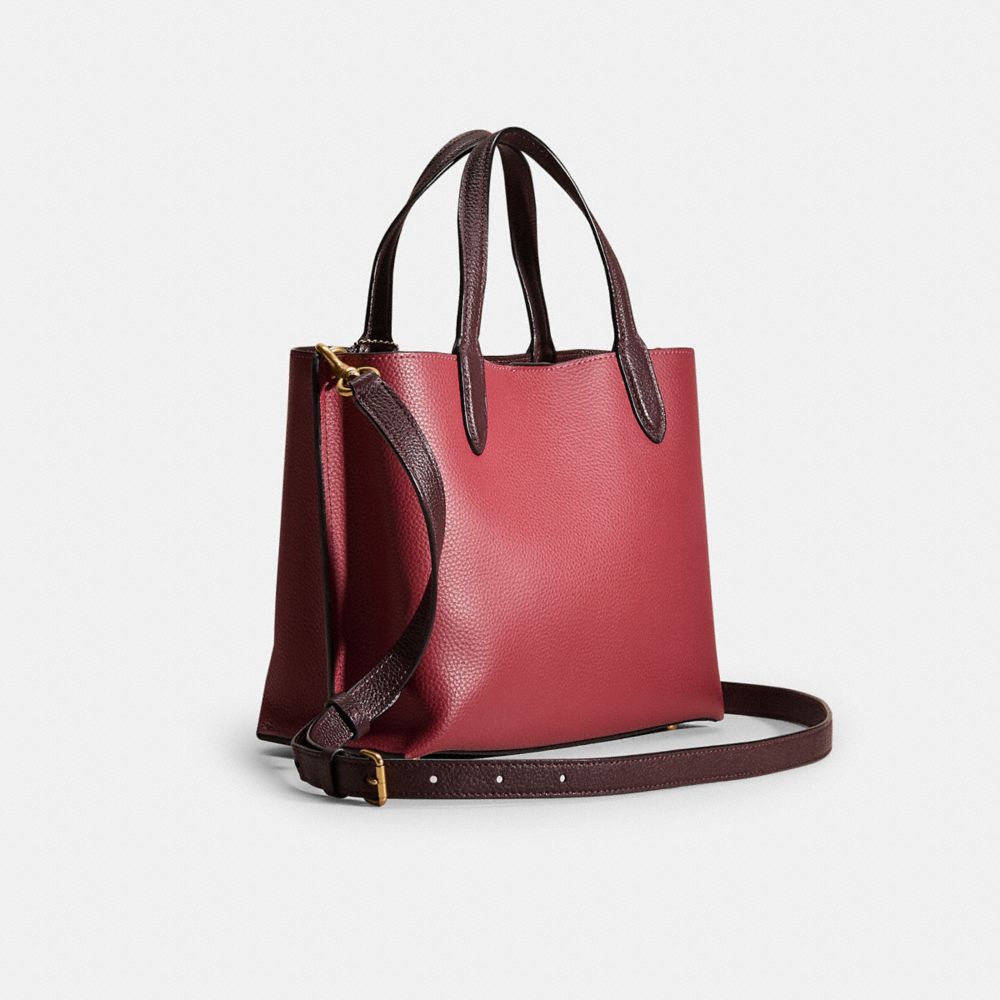 COACH®,Upcrafted Willow Tote 24 In Colorblock,Leather,Tote,Stitching,Whipstitch,Logo,Metal,Tag Embellishment,Braided,Shoul...,Maroon,Angle View