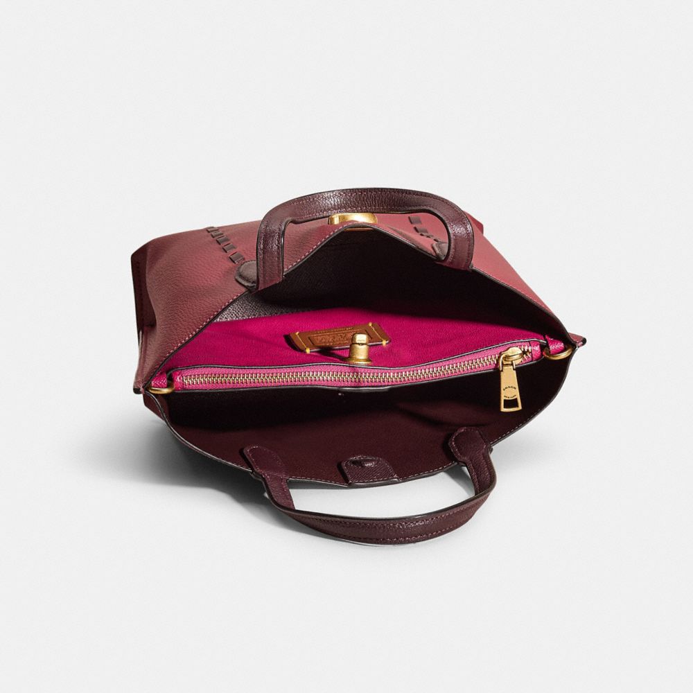 COACH®,Upcrafted Willow Tote 24 In Colorblock,Leather,Tote,Stitching,Whipstitch,Logo,Metal,Tag Embellishment,Braided,Shoul...,Maroon,Inside View,Top View