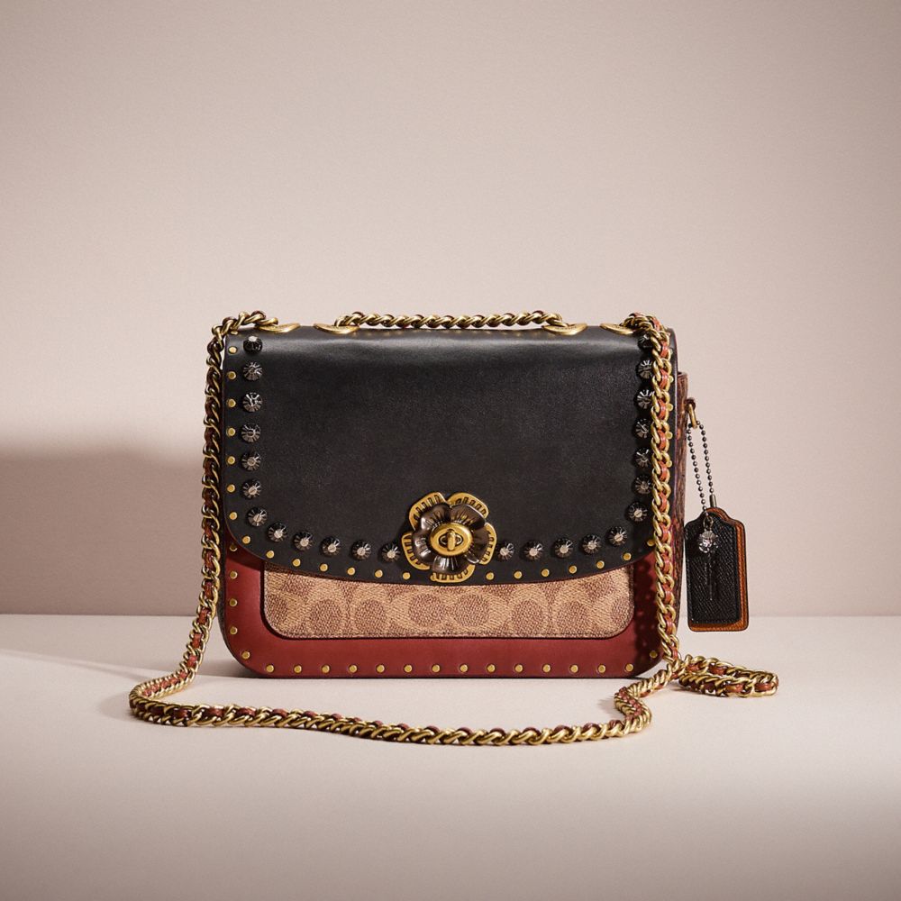 COACH®,UPCRAFTED MADISON SHOULDER BAG IN SIGNATURE CANVAS WITH RIVETS AND SNAKESKIN DETAIL,Brass/Tan/Rust,Front View