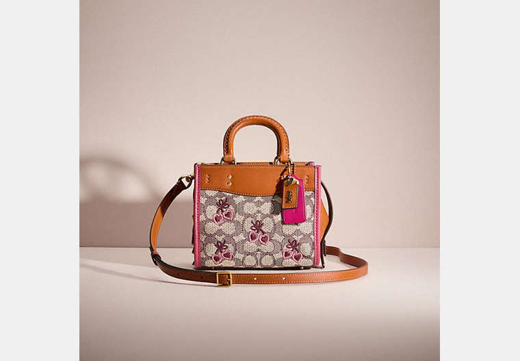 COACH®,UPCRAFTED ROGUE BAG 17 IN SIGNATURE TEXTILE JACQUARD WITH HEART EMBROIDERY,Brass/Cocoa Burnished Amber,Front View