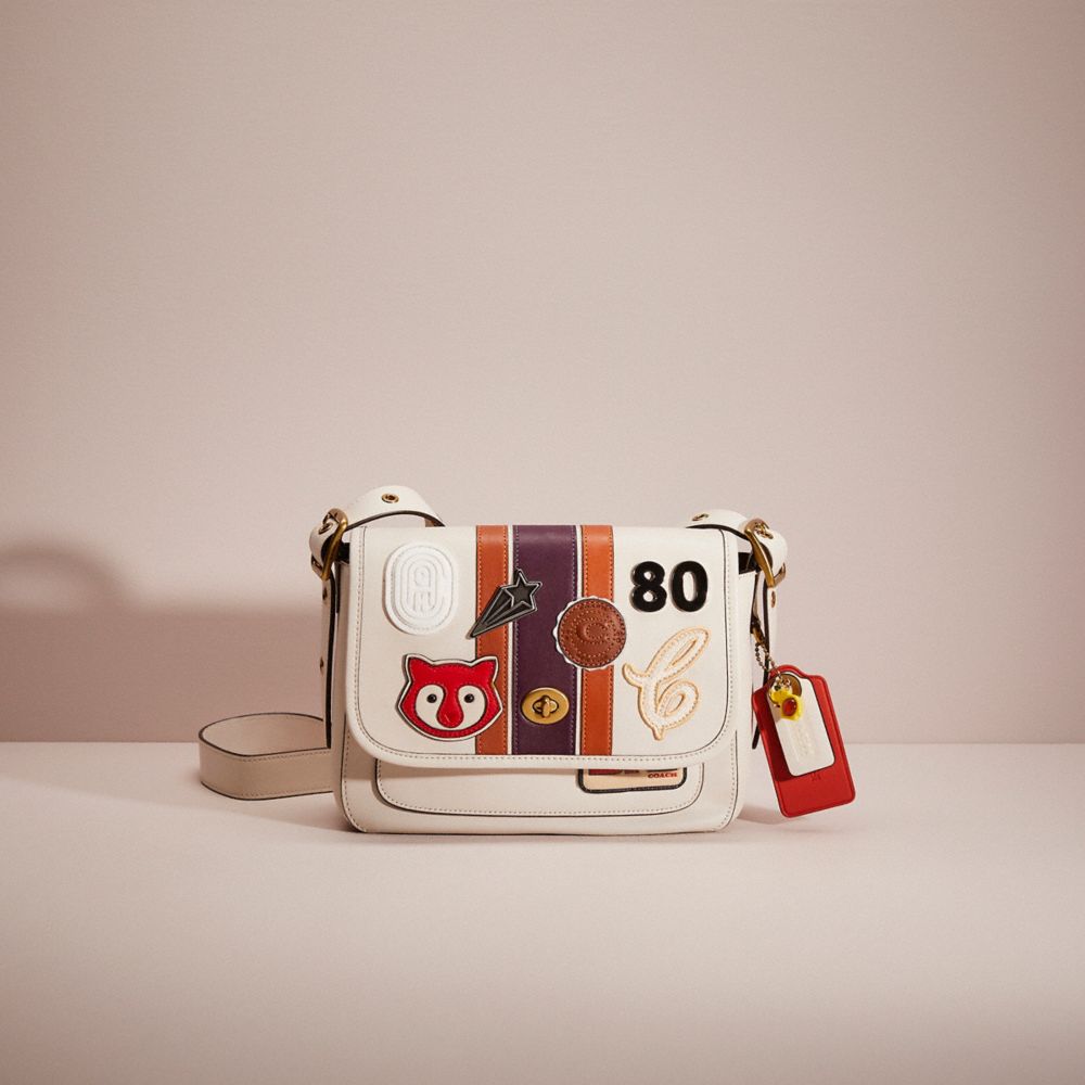 COACH®,UPCRAFTED RAMBLER CROSSBODY WITH VARSITY STRIPE,Brass/Chalk Multi,Front View