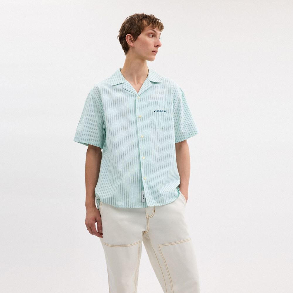 COACH®,Striped Camp Shirt,Cotton,Button Down,Embroidered,Logo,Casual,Multi Color,Scale View