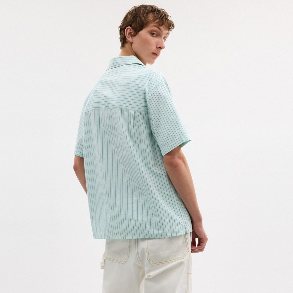COACH®,Striped Camp Shirt,Cotton,Button Down,Embroidered,Logo,Casual,Multi Color,Scale View