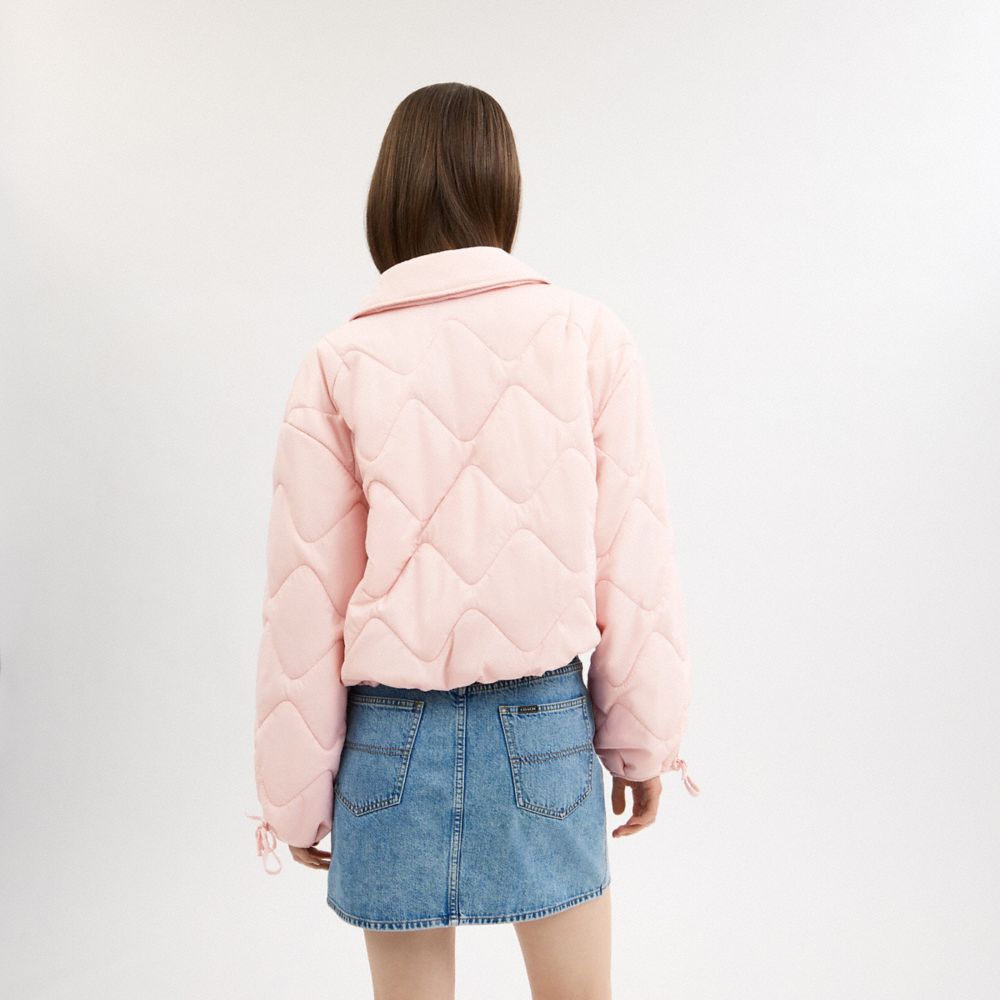 COACH®,Quilted Blouson Jacket In Recycled Nylon,Polyester,Polyamide,Recycled Nylon,Puffer,Quilted,Down,Tie Belt,Casual,Pink,Scale View