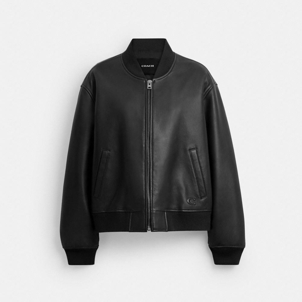 COACH®,Leather Bomber,Wool,Recycled Polyester,Polyamide,Lambskin,Elastane,Polyester,Viscose,Acrylic,Leather,Bomber,Logo,Ca...,,Front View image number 0