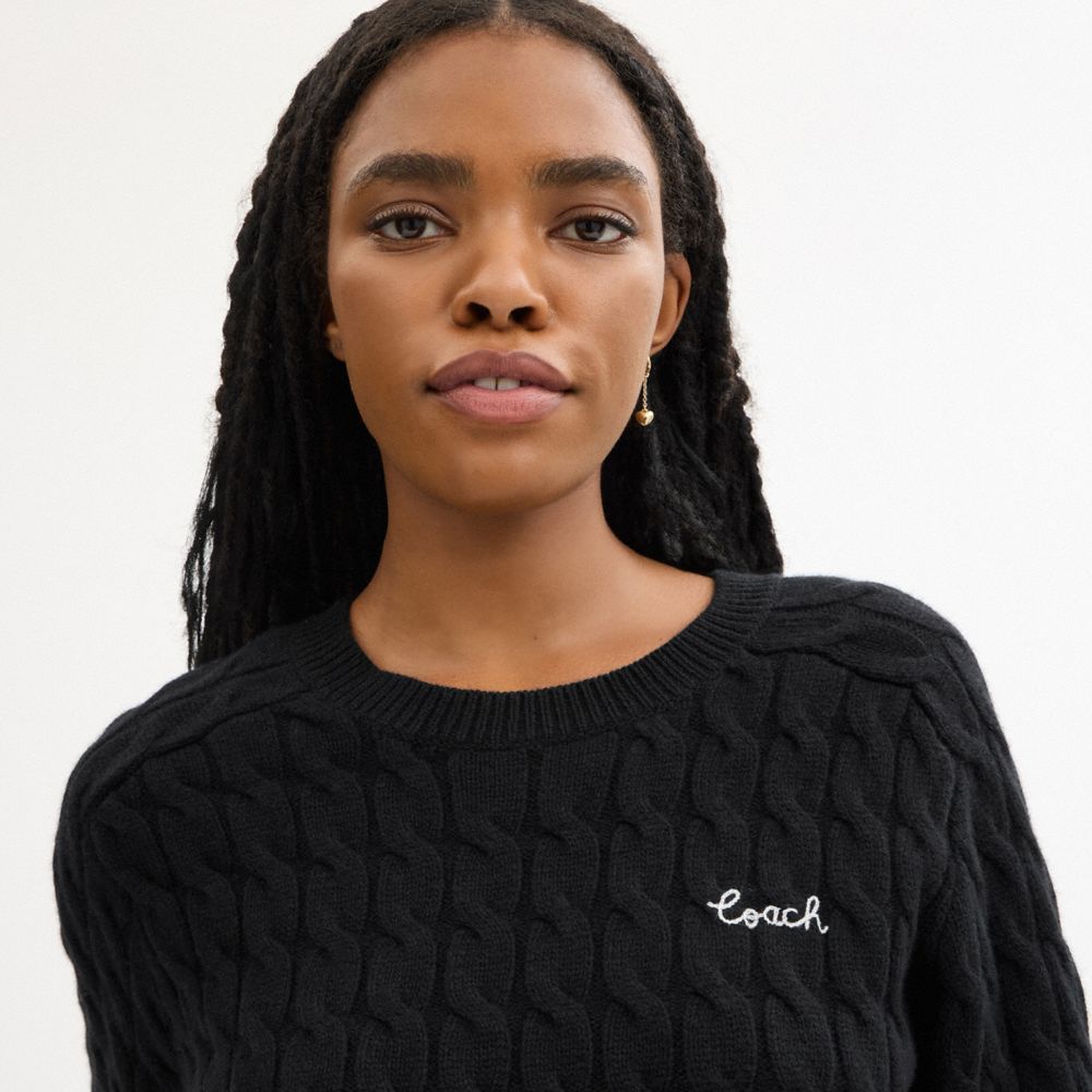 COACH®,Crewneck Cable Knit Sweater,,Detail View