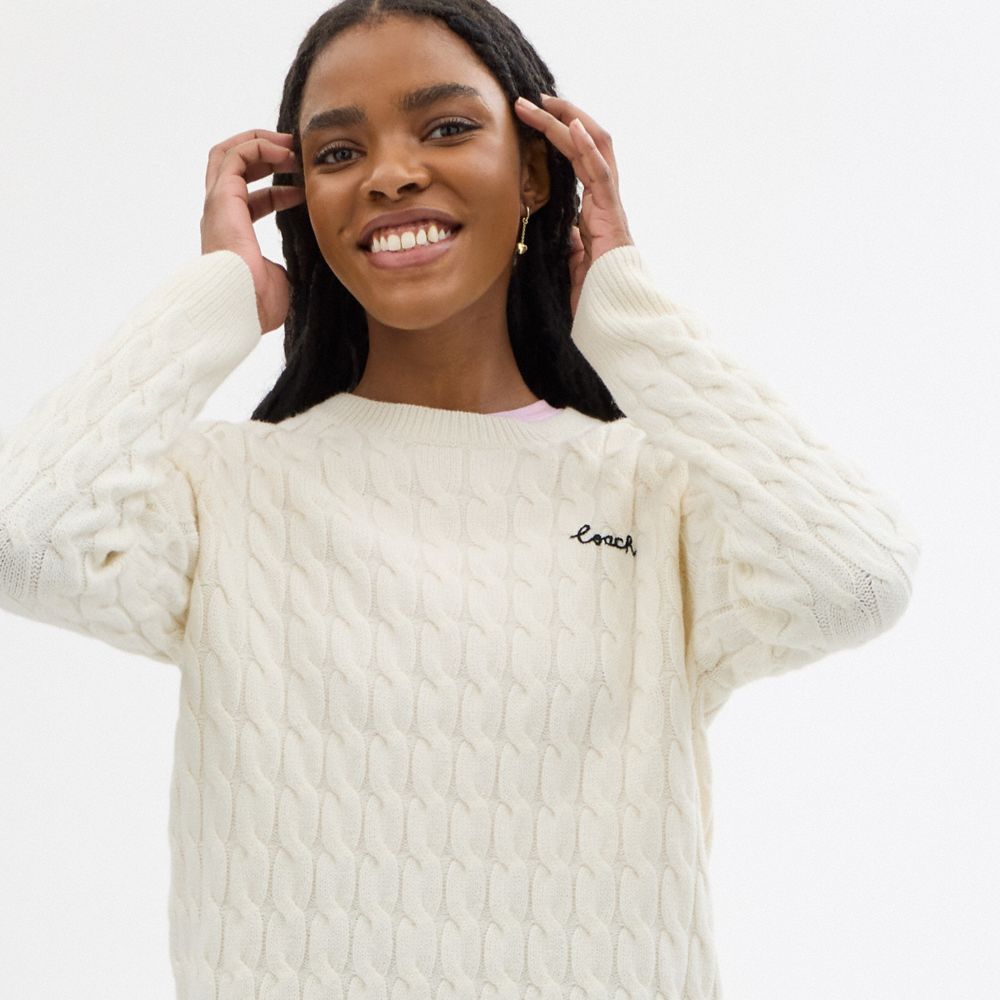 COACH®,Crewneck Cable Knit Sweater,,Detail View