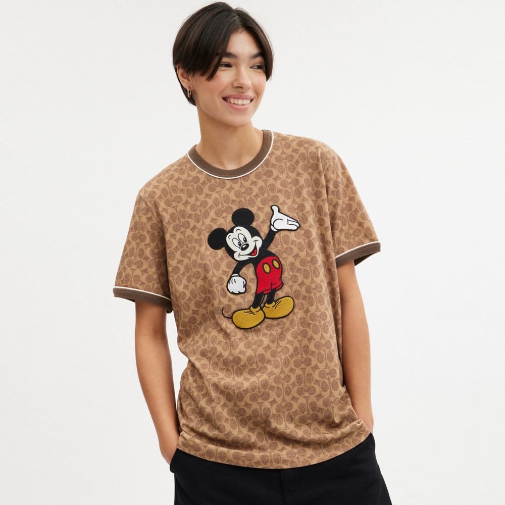 Shop Coach Disney X  Signature Mickey Mouse T Shirt In Tan Signature