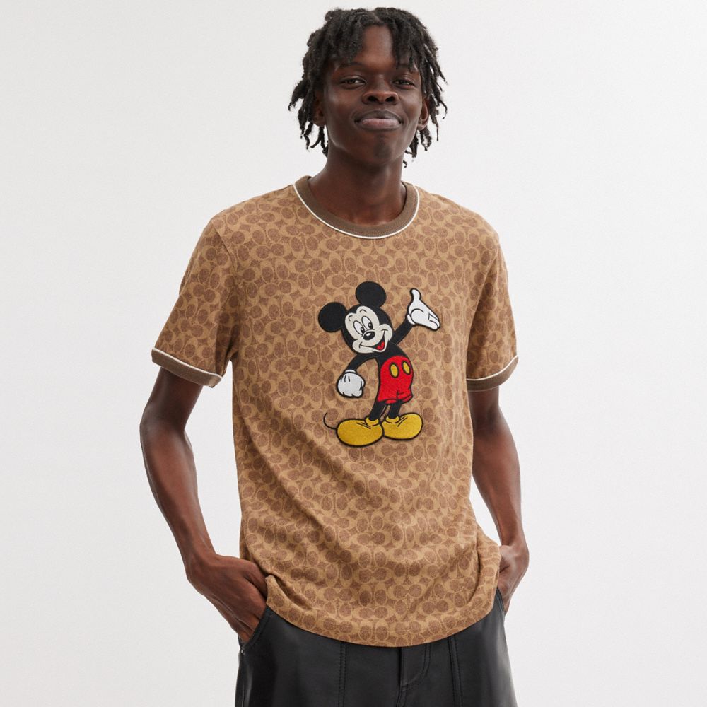 Shop Coach Disney X  Signature Mickey Mouse T Shirt In Tan Signature