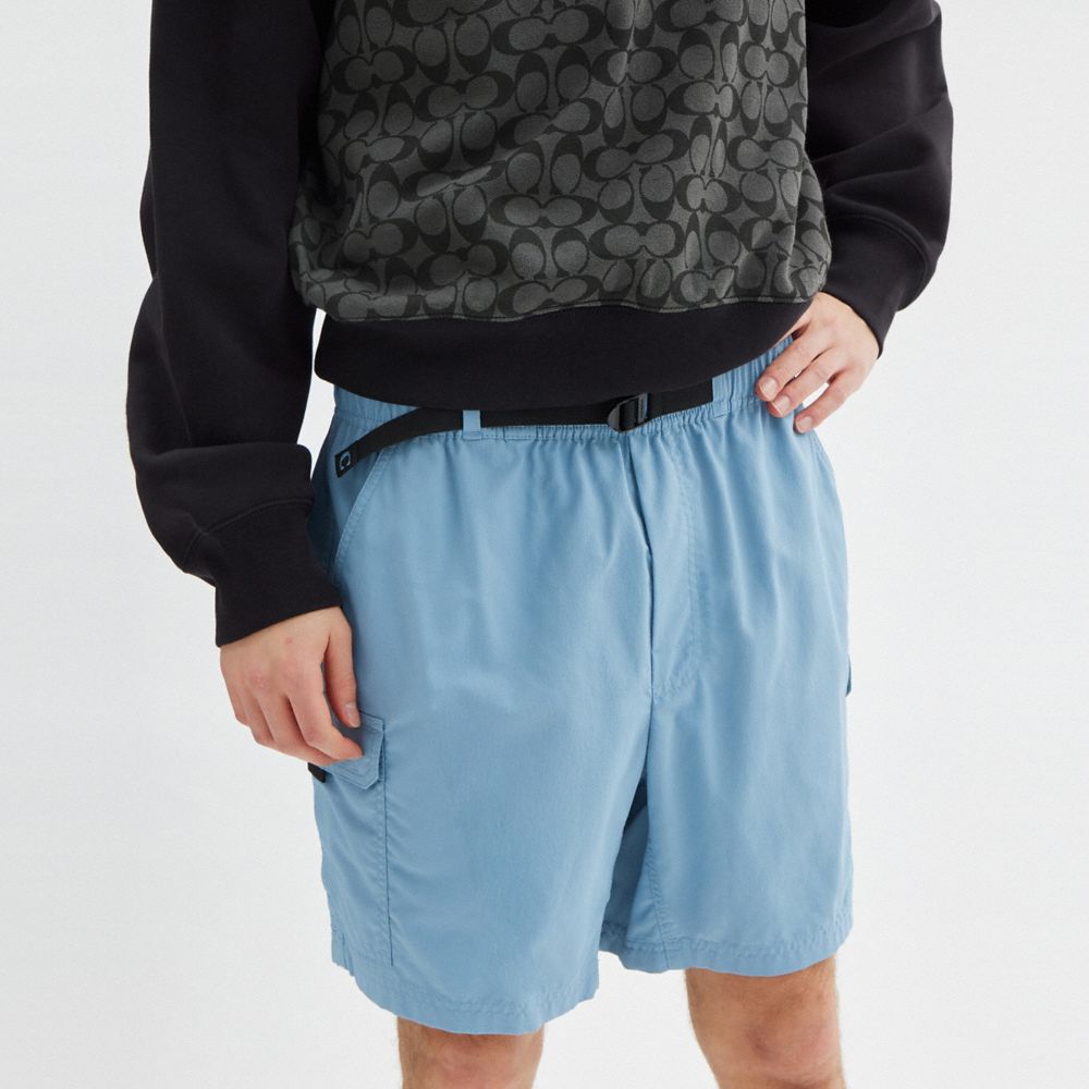 COACH®,Nylon Utility Short In Recycled Nylon,Polyamide,Recycled Nylon,Polyester,Cargo,Sustainable,Casual,Blue,Detail View