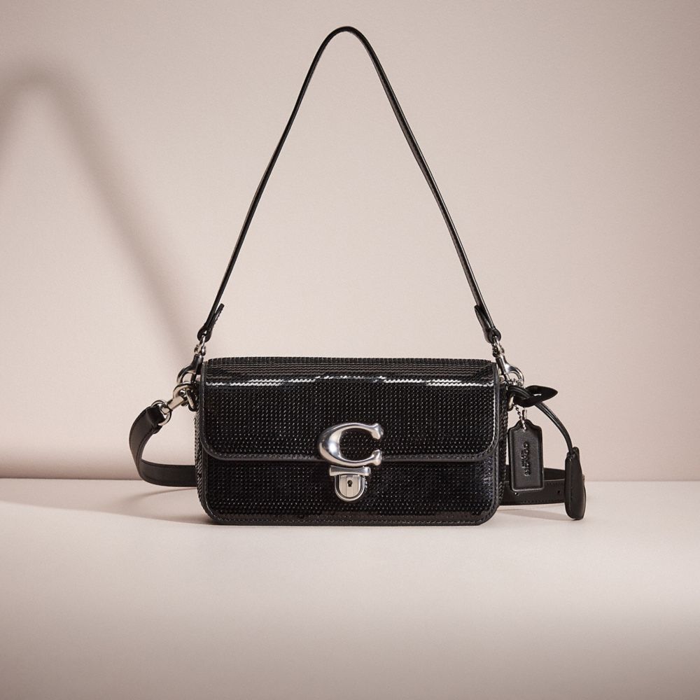 COACH®,RESTORED STUDIO BAGUETTE BAG WITH SEQUINS,Calf Leather,Silver/Black,Front View