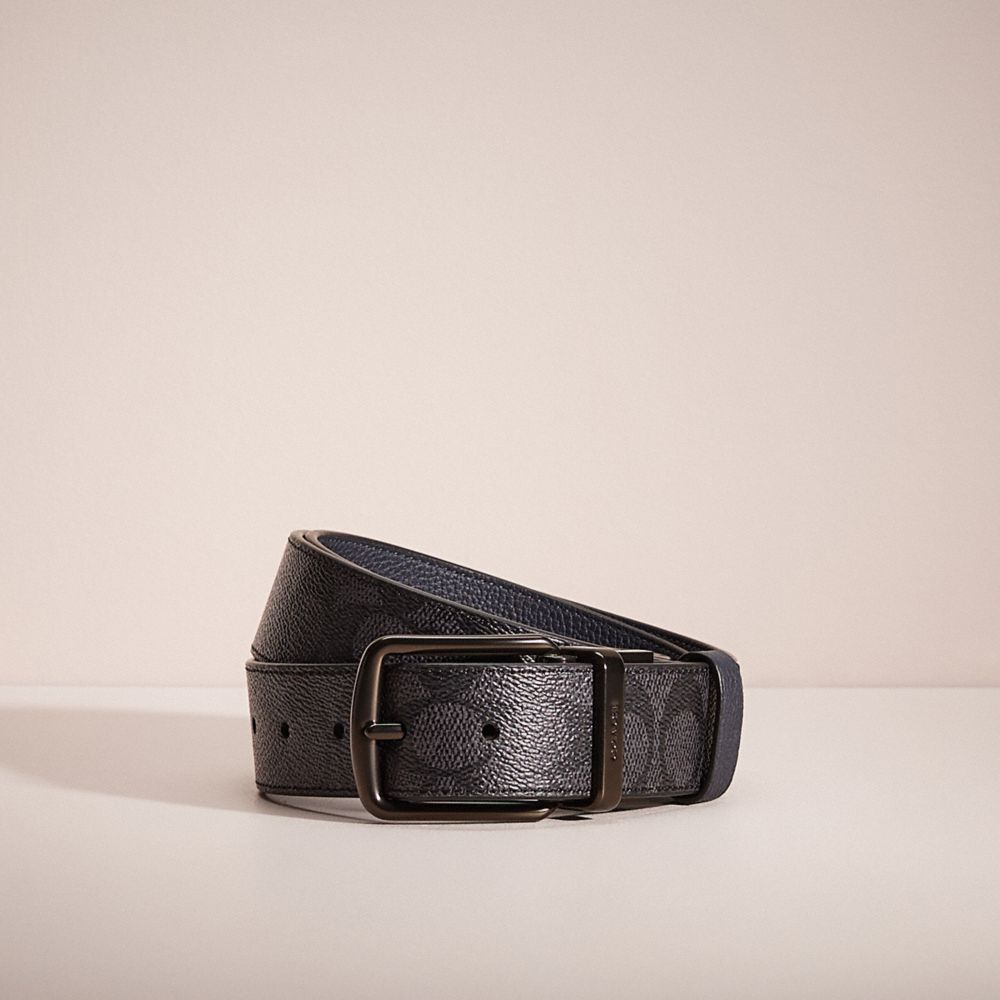 COACH®,RESTORED HARNESS AND SIGNATURE BUCKLE CUT-TO-SIZE REVERSIBLE BELT, 38MM,Charcoal/Midnight Navy,Front View