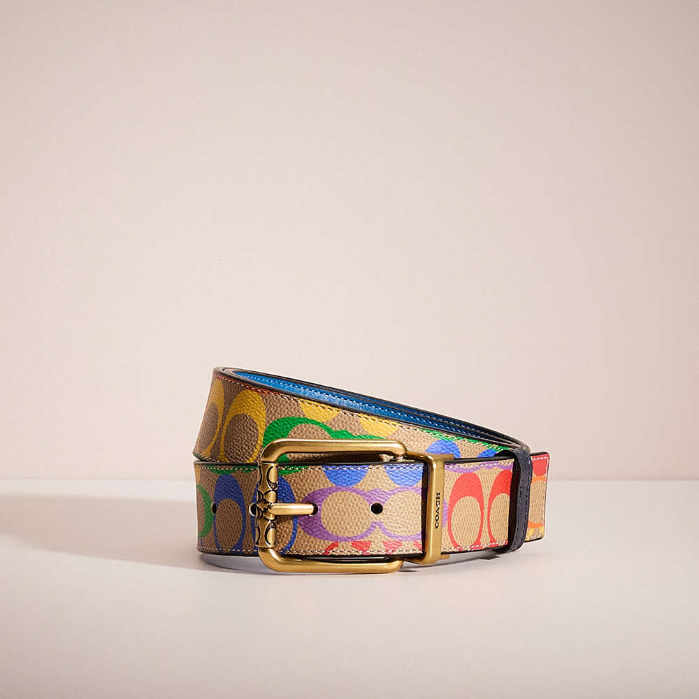 Coach Restored Roller Buckle Cut To Size Reversible Belt In Rainbow Signature Canvas, 38mm In Neutral