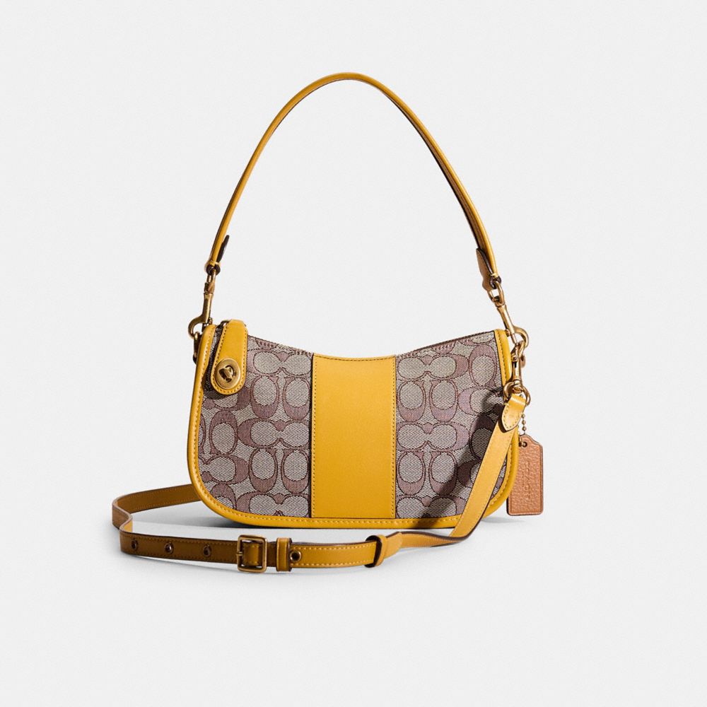 COACH®,RESTORED SWINGER IN SIGNATURE JACQUARD,Brass/Oak Flax,Front View