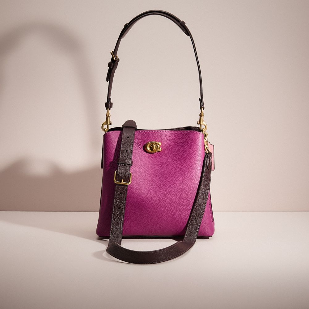 COACH®,RESTORED WILLOW BUCKET BAG IN COLORBLOCK WITH SIGNATURE CANVAS INTERIOR,Brass/Deep Plum Multi,Front View