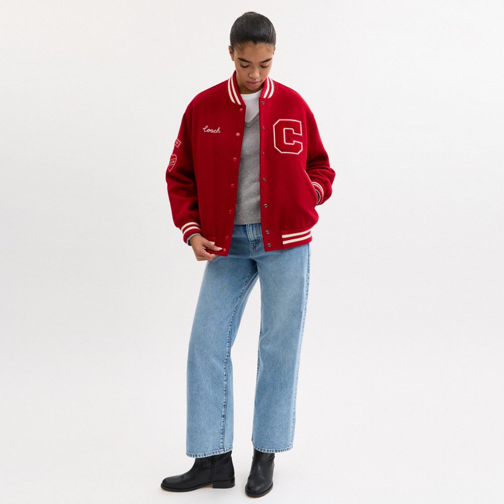 COACH®,Wool Varsity Jacket With Patches,Leather,Polyester,Polyamide,Recycled Polyester,Viscose,Acrylic,Bomber,Applique,Hea...,Red,Scale View