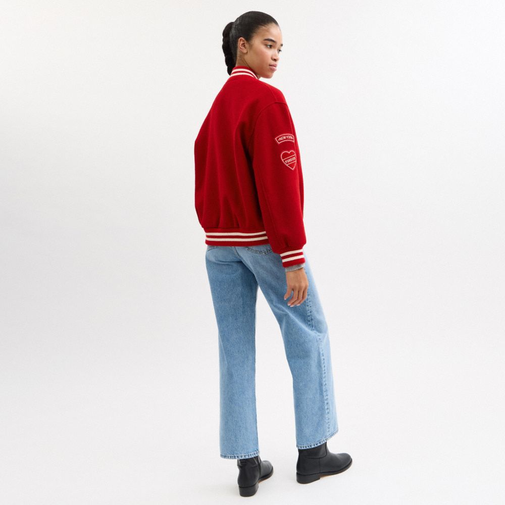 COACH®,Wool Varsity Jacket With Patches,Leather,Polyester,Polyamide,Recycled Polyester,Viscose,Acrylic,Bomber,Applique,Hea...,Red,Scale View