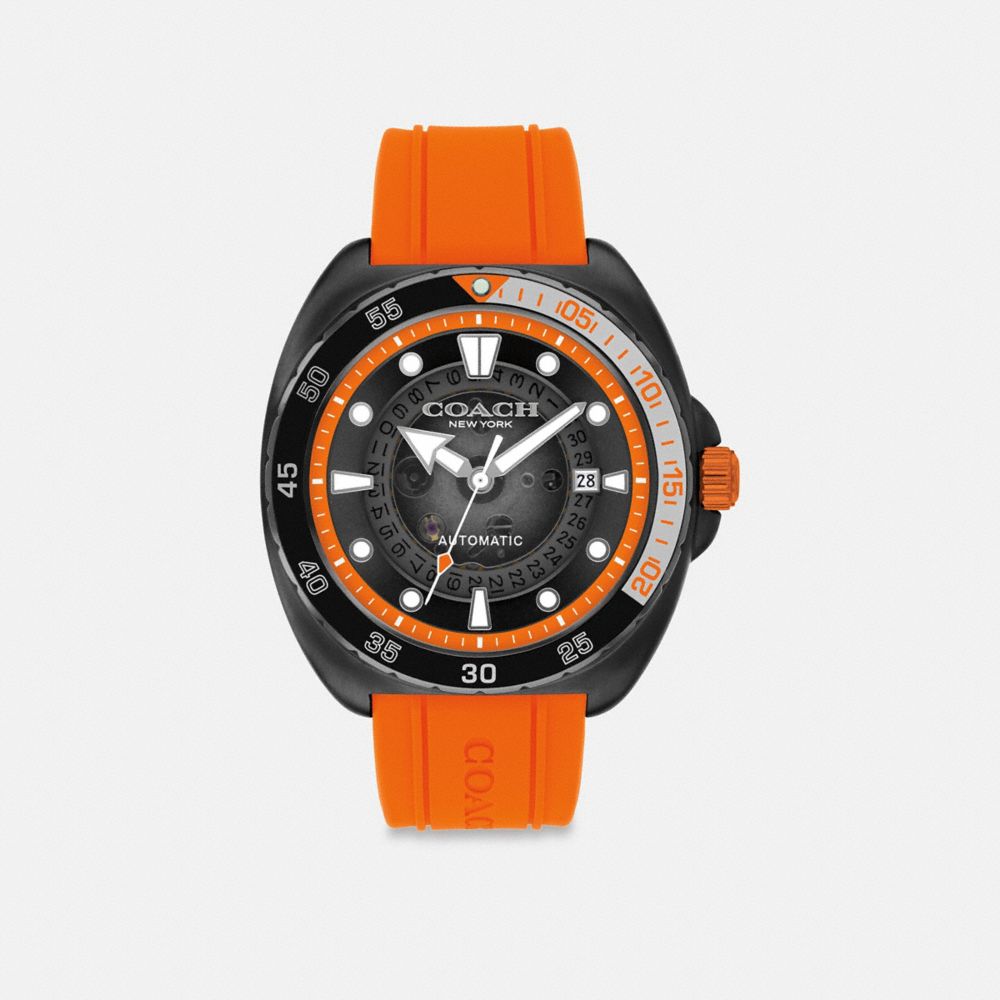 COACH®,Charter Automatic Watch, 44 Mm,Analog,Rubber,Silicone,Crystal,Word Embellishment,Water Resistant,Casual,Orange,Front View